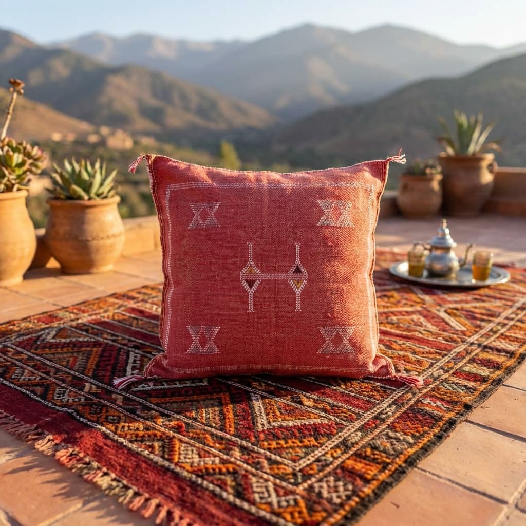 Authentic Sabra Silk Cushion - Pink Red & White (Handmade) thumbnail 4