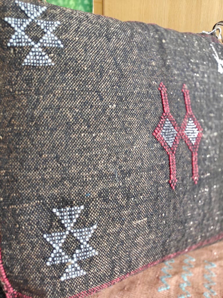 Authentic Sabra Silk Cushion - Black with Silver & Red Embroidery (Handmade) thumbnail 4