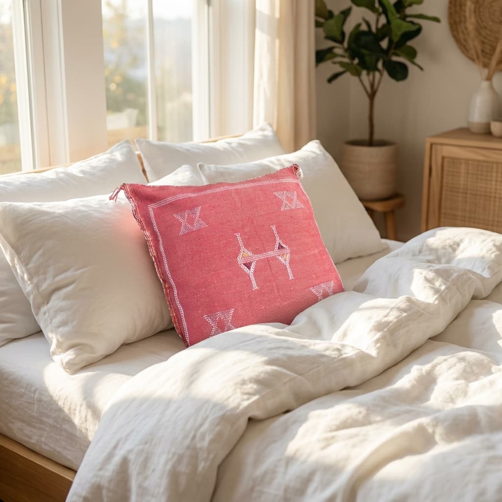 Authentic Sabra Silk Cushion - Pink Red & White (Handmade) thumbnail 6