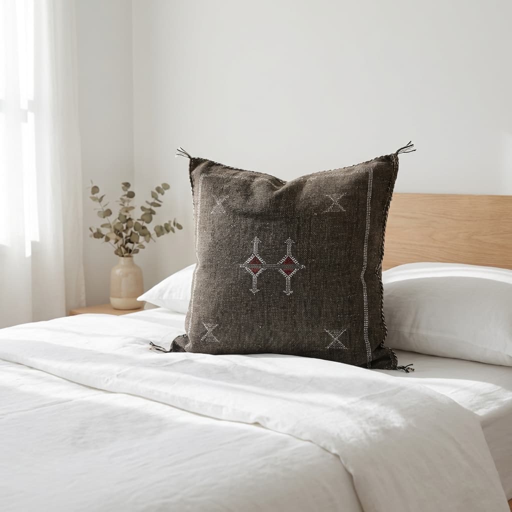 Authentic Moroccan Sabra Silk Cushion - Charcoal Black & Red Embroidery (Handmade) thumbnail 4