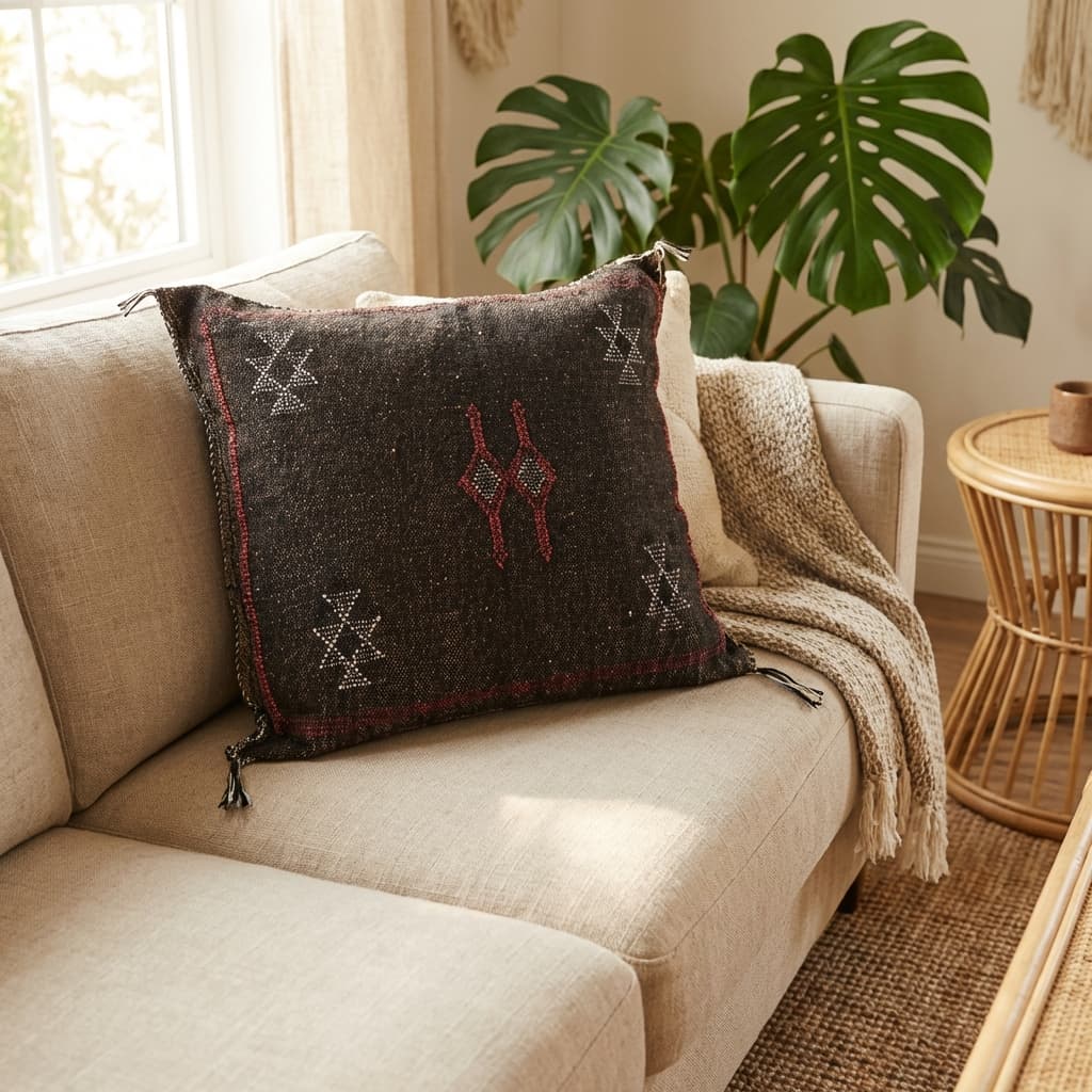 Authentic Sabra Silk Cushion - Black with Silver & Red Embroidery (Handmade) thumbnail 3