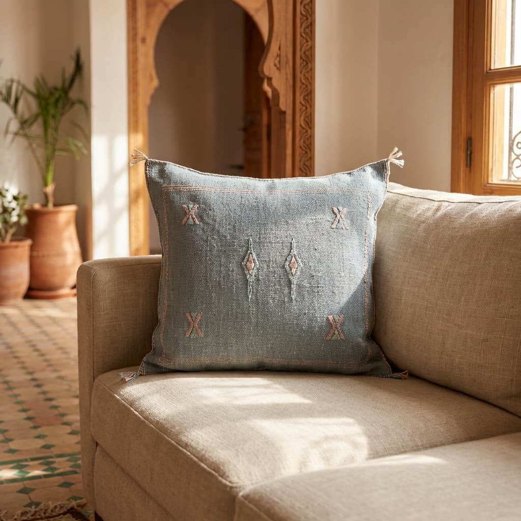 Authentic Moroccan Sabra Silk Cushion - Light Blue & Pink (Handmade) thumbnail 3