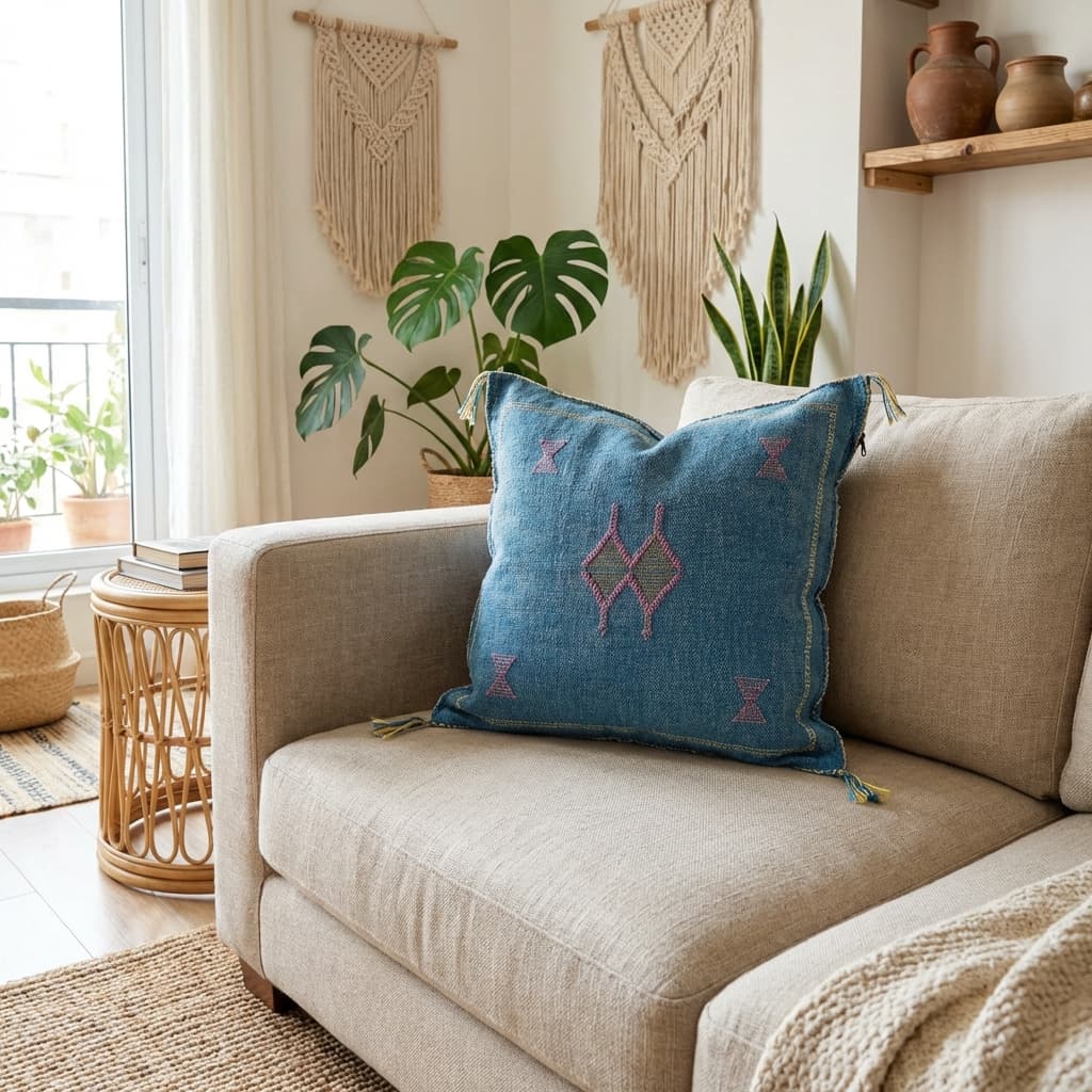 Authentic Sabra Silk Cushion - Bright Blue with Pink & Silver Embroidery (Handmade) thumbnail 3