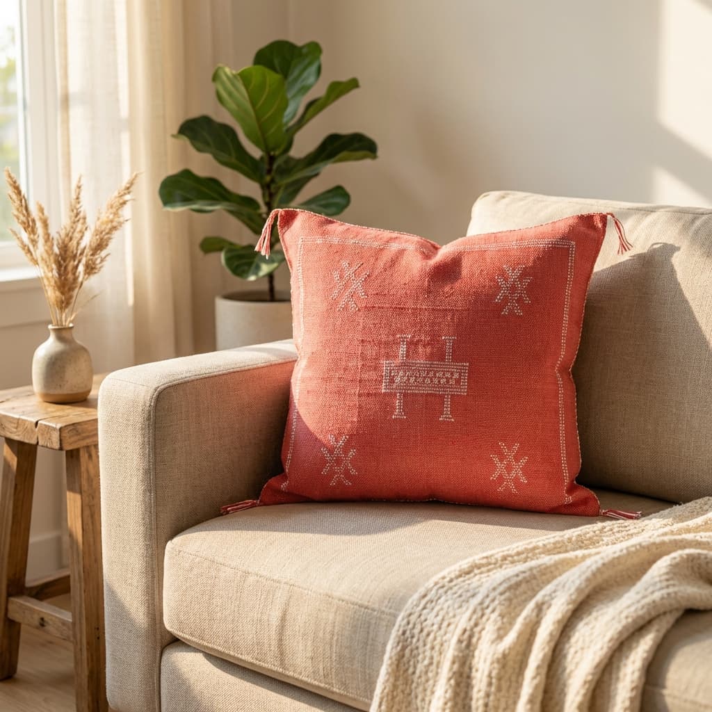 Authentic Sabra Silk Cushion - Coral Pink & White (Handmade) thumbnail 3