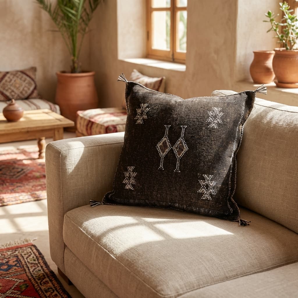 Authentic Sabra Silk Cushion - Dark Brown / Black & White (Handmade) thumbnail 3