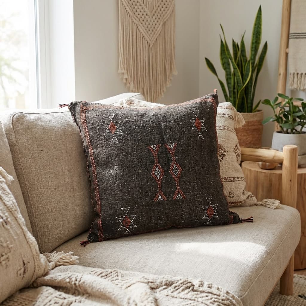 Authentic Sabra Silk Cushion - Dark Brown with Rust & White Embroidery (Handmade) thumbnail 3