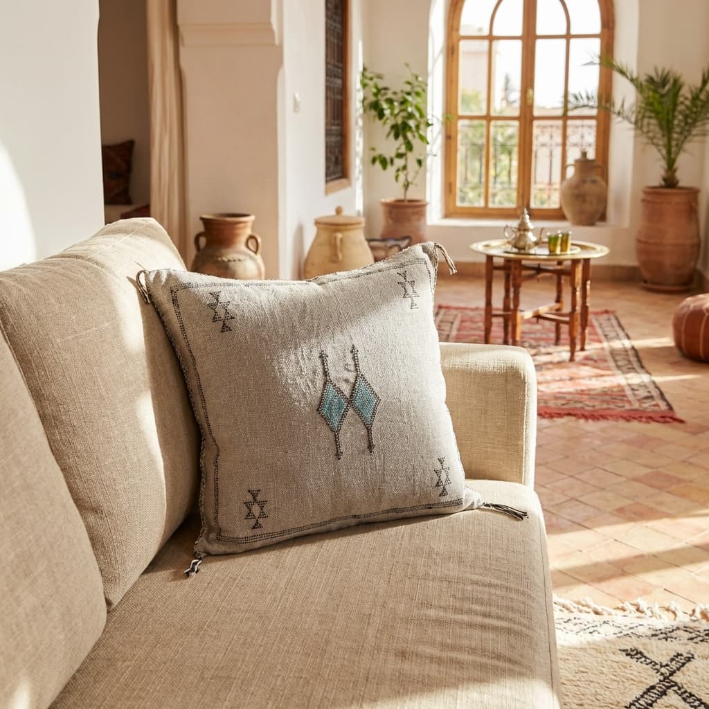 Authentic Moroccan Sabra Silk Cushion - Grey with Blue Embroidery (Handmade) thumbnail 3