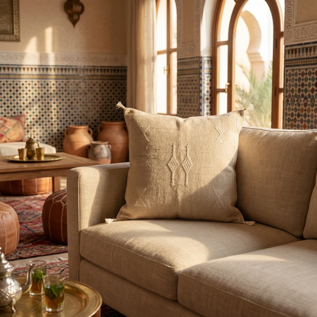 Authentic Moroccan Sabra Silk Cushion - Natural Cream / Beige (Handmade) thumbnail 3