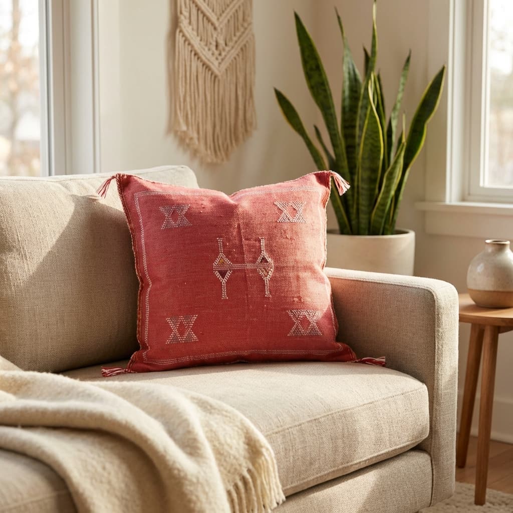 Authentic Sabra Silk Cushion - Pink Red & White (Handmade) thumbnail 3