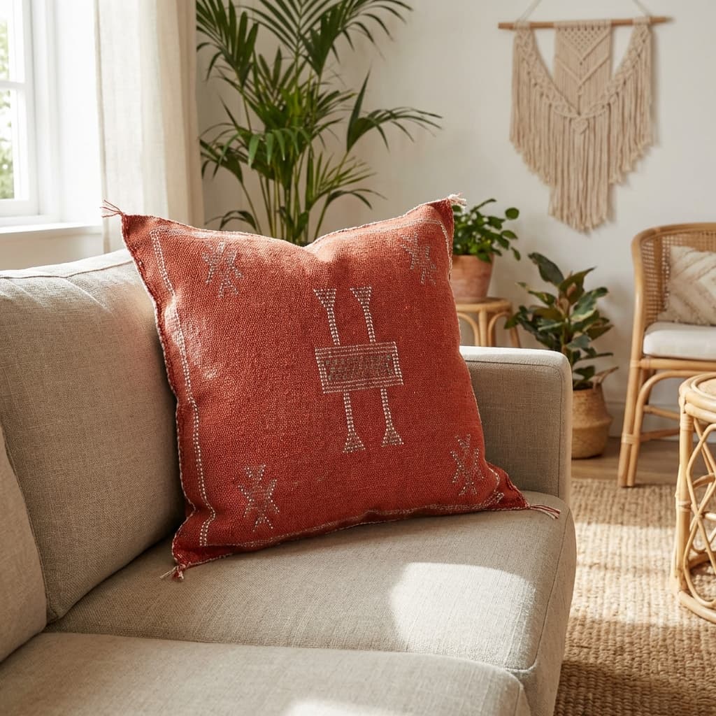 Authentic Sabra Silk Cushion - Rust Terracotta with White & Teal Embroidery (Handmade) thumbnail 3