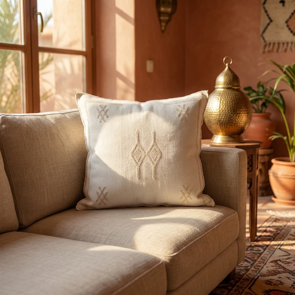 Authentic Sabra Silk Cushion - White on White / Beige (Handmade) thumbnail 3