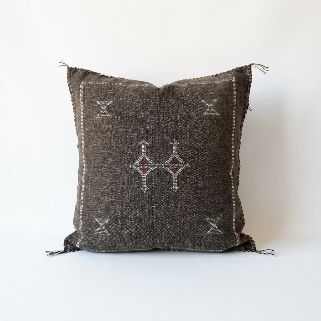 Authentic Moroccan Sabra Silk Cushion - Charcoal Black & Red Embroidery (Handmade) thumbnail 2