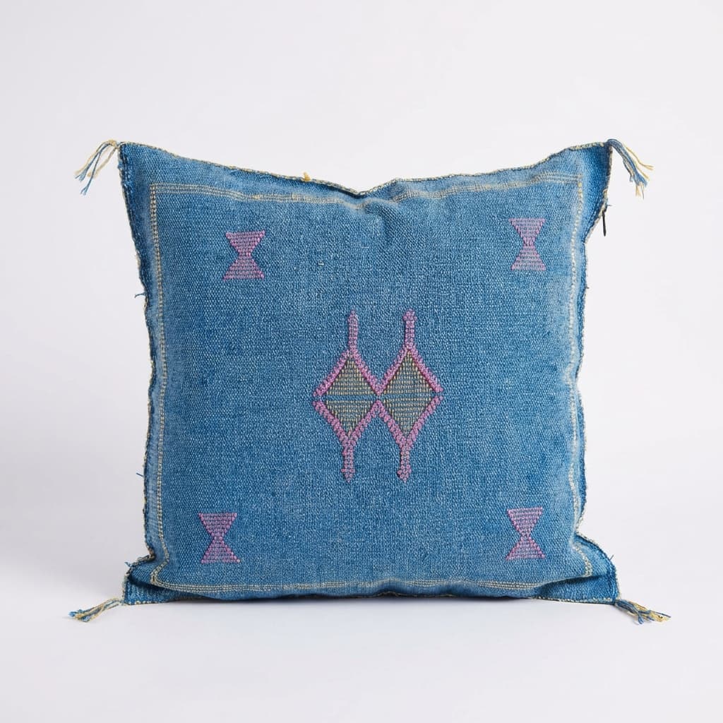 Authentic Sabra Silk Cushion - Bright Blue with Pink & Silver Embroidery (Handmade)