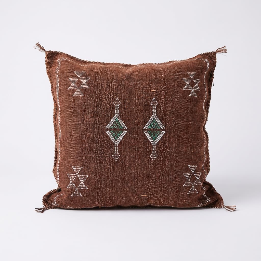 Authentic Sabra Silk Cushion - Wood Brown & Green (Handmade)